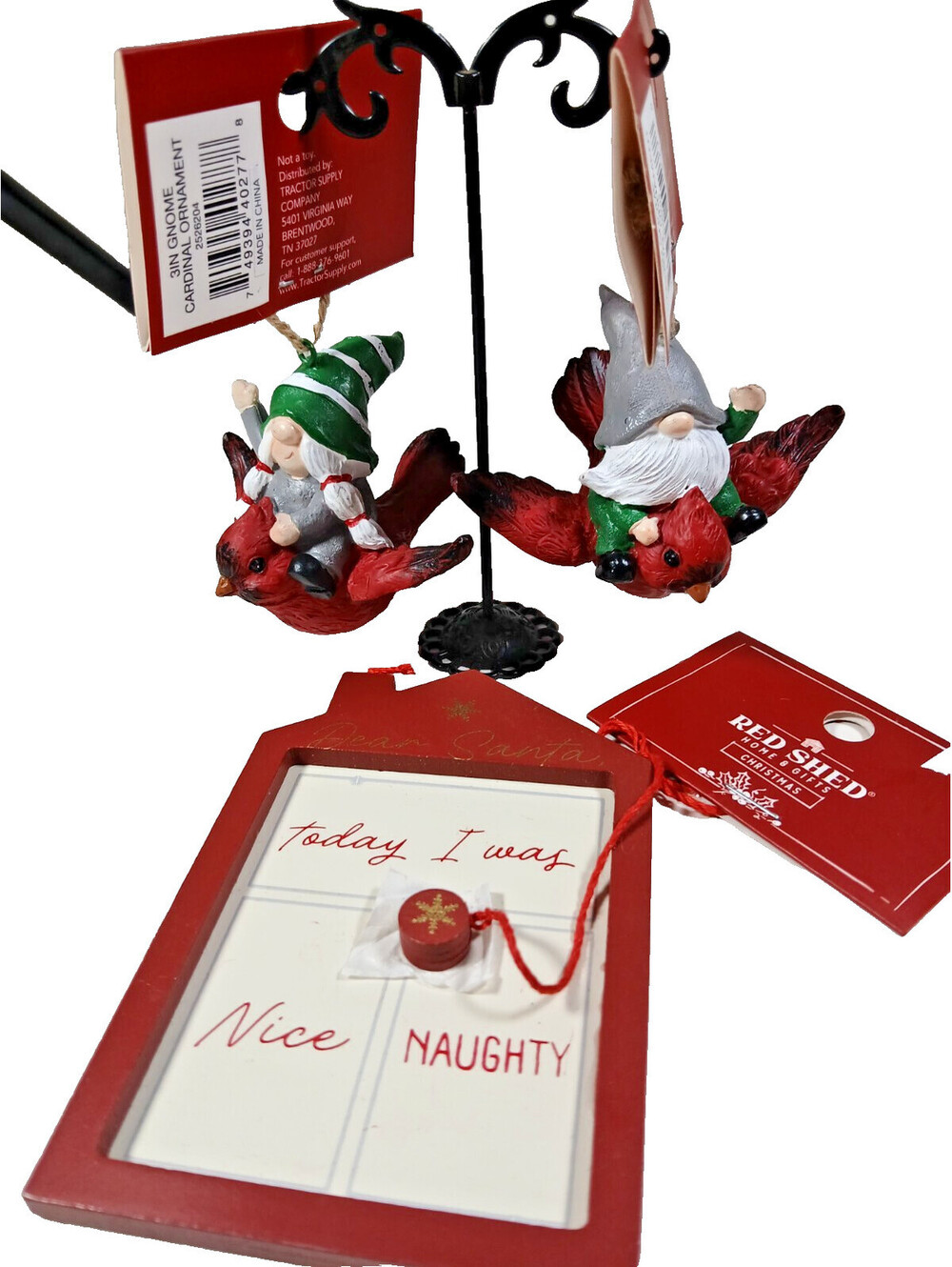 3 Red Shed Christmas Ornaments 2 Gnomes on Cardinal & Magnet Board Nice Naughty
